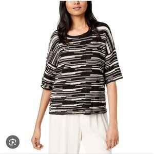 EILEEN FISHER | Organic  Linen Cotton Striped Pullover Sweater Black White Sz L